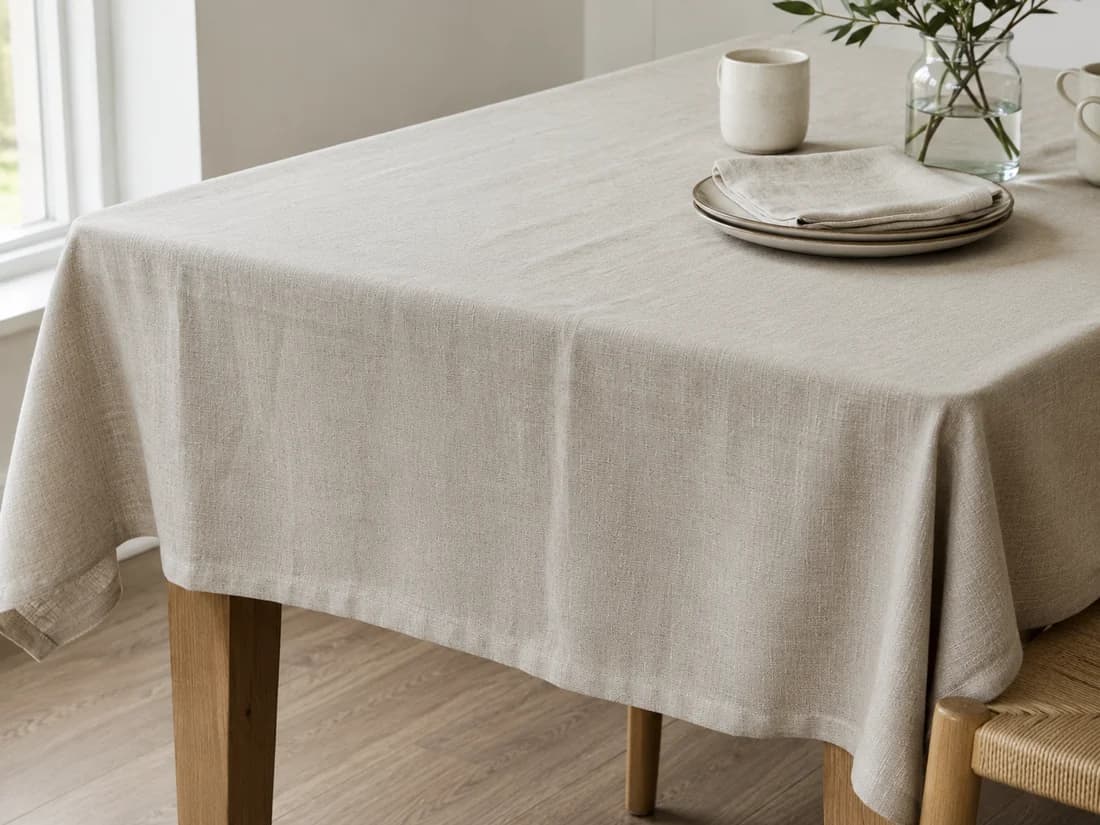A linen table cloth laid over a dining table with place settings